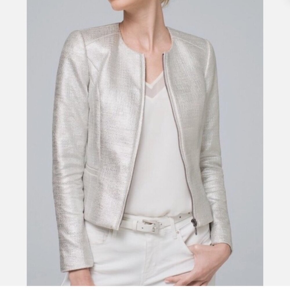 White House Black Market Silver Metallic Tweed Crop Jacket